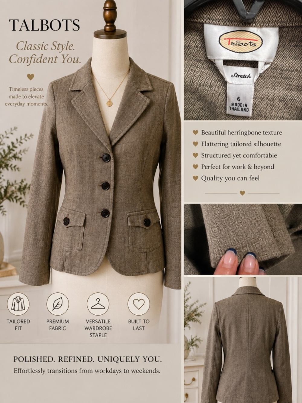 Talbots Stretch Herringbone Blazer Jacket Size 6 Brown Taupe Classic Tailored